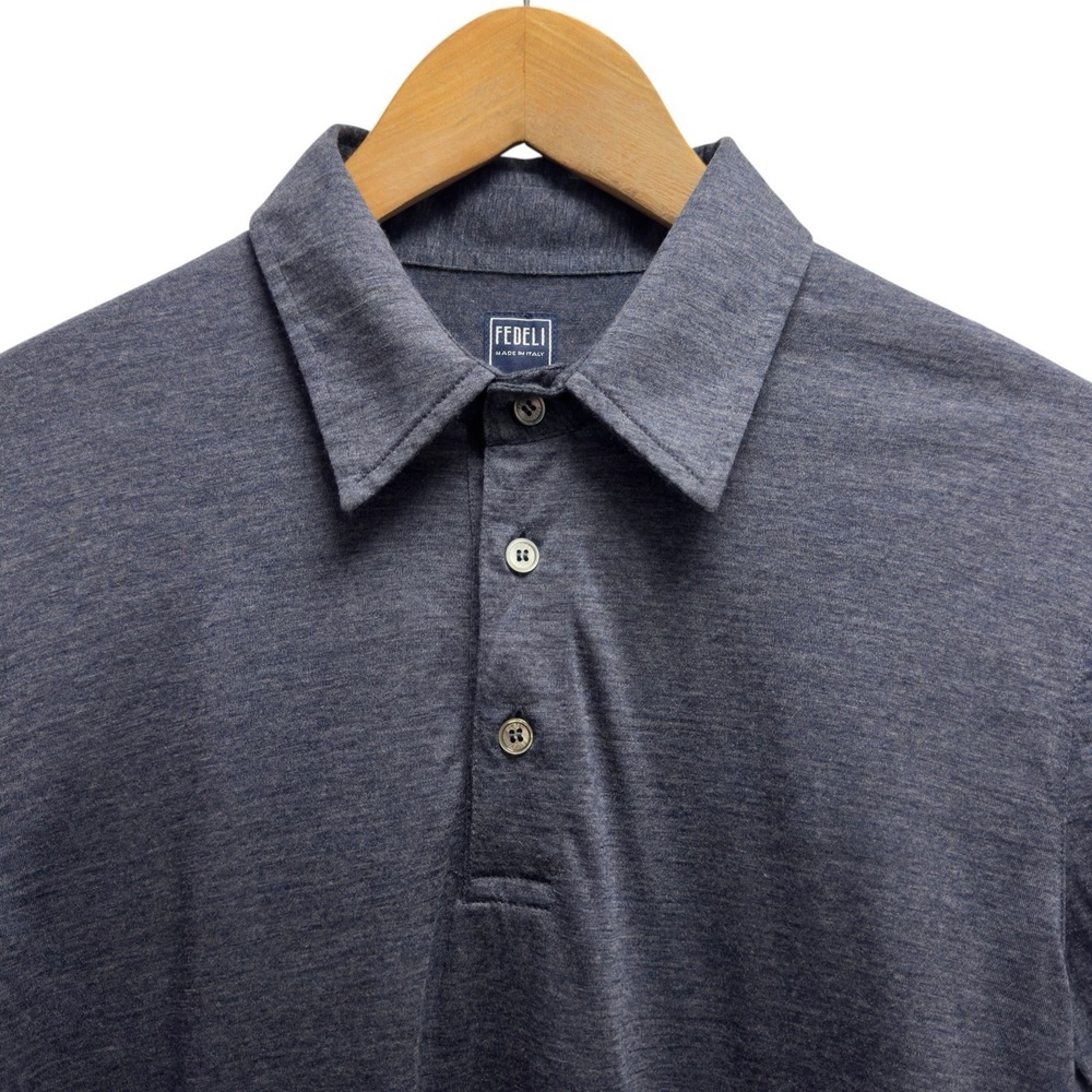 Fedeli Men's Size 52 Blue Wool Lightweight Long Sleeve Sweater Polo Shirt Italy